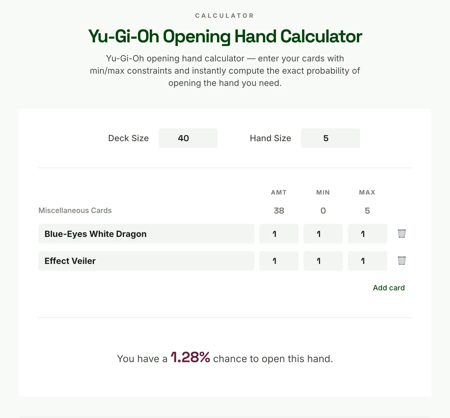 Yu-Gi-Oh opening hand calculator demo showing card probability result